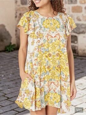 NWT Free People Yara Floral Ivory Combo Flowy Flutter Sleeves Mini Dress M